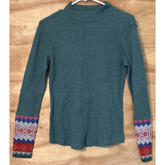 Maurices Woman Small Fair Isle Mock Neck Mixer Long Sleeve Shirt Waffle Thermal - Picture 1 of 7